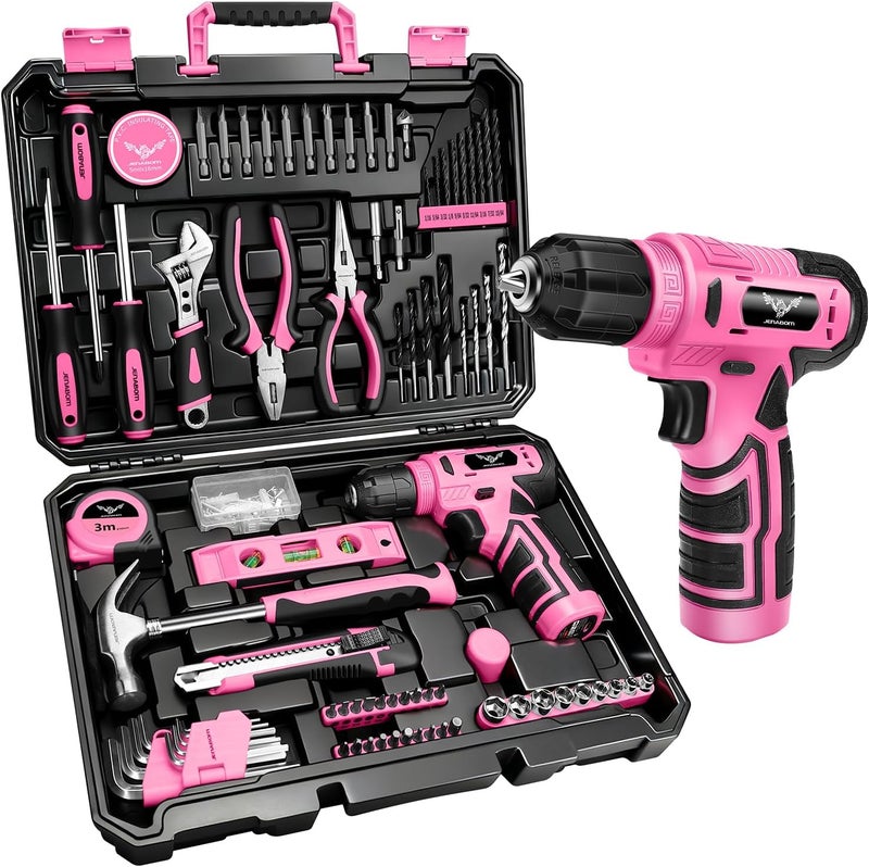 JENABOM Tool Set：Pink Tool Kit with 8V Cordless Drill, Tool Box with Drill, Hand Drill Set for Men & Women, Home Tool Kits for House Repair, Handyman, DIY 127 Piece - Image 1
